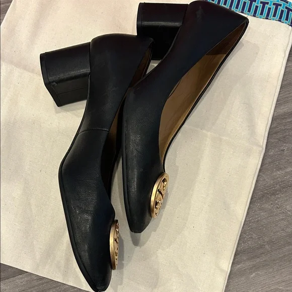 Tory Burch Black Leather Block Heels with Gold Logo- with dustbag and box. - Picture 6 of 7